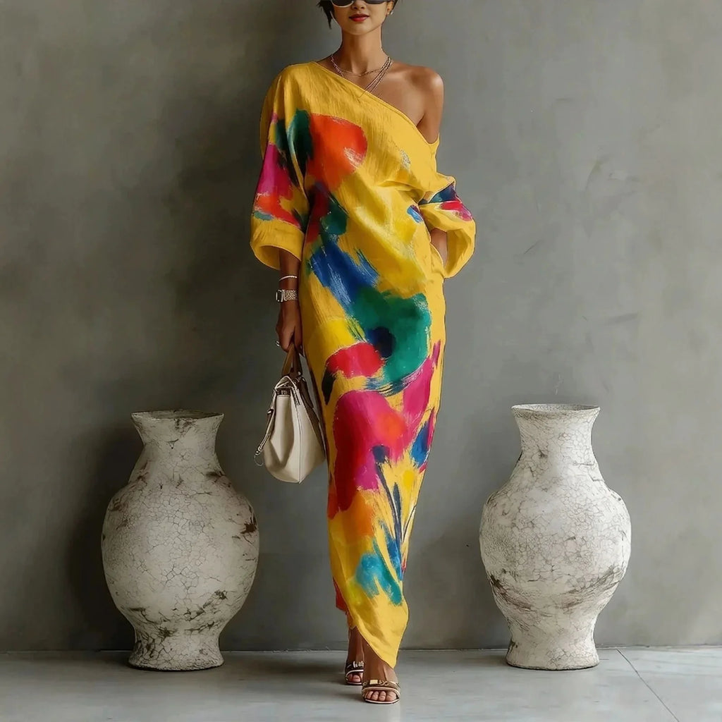 Abstract Brush Print One Shoulder Maxi Dress 3/4 Sleeve Loose Fit Casual Kaftan with Pockets, Bohemian Art Print Dress for Women