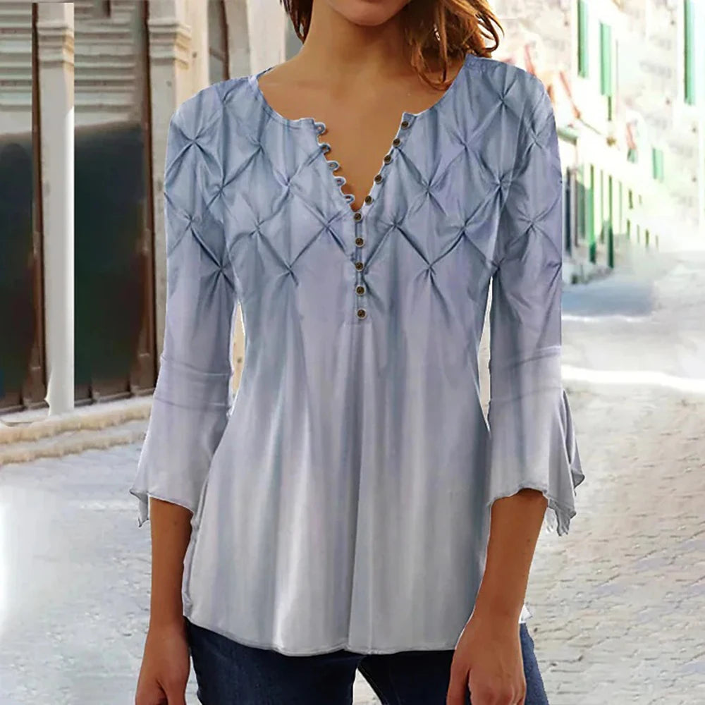 Women's V-Neck Short Sleeve Summer New Button T-Shirt Street Trend Flower Print Women's Loose Casual V-Neck Button T-Shirt