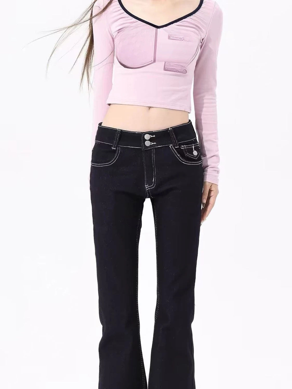 Y2K Women Low Waist Micro Flare Jeans Black Contrast Stitch Denim Pants Double Button Slim Retro Streetwear Bootcut Trousers