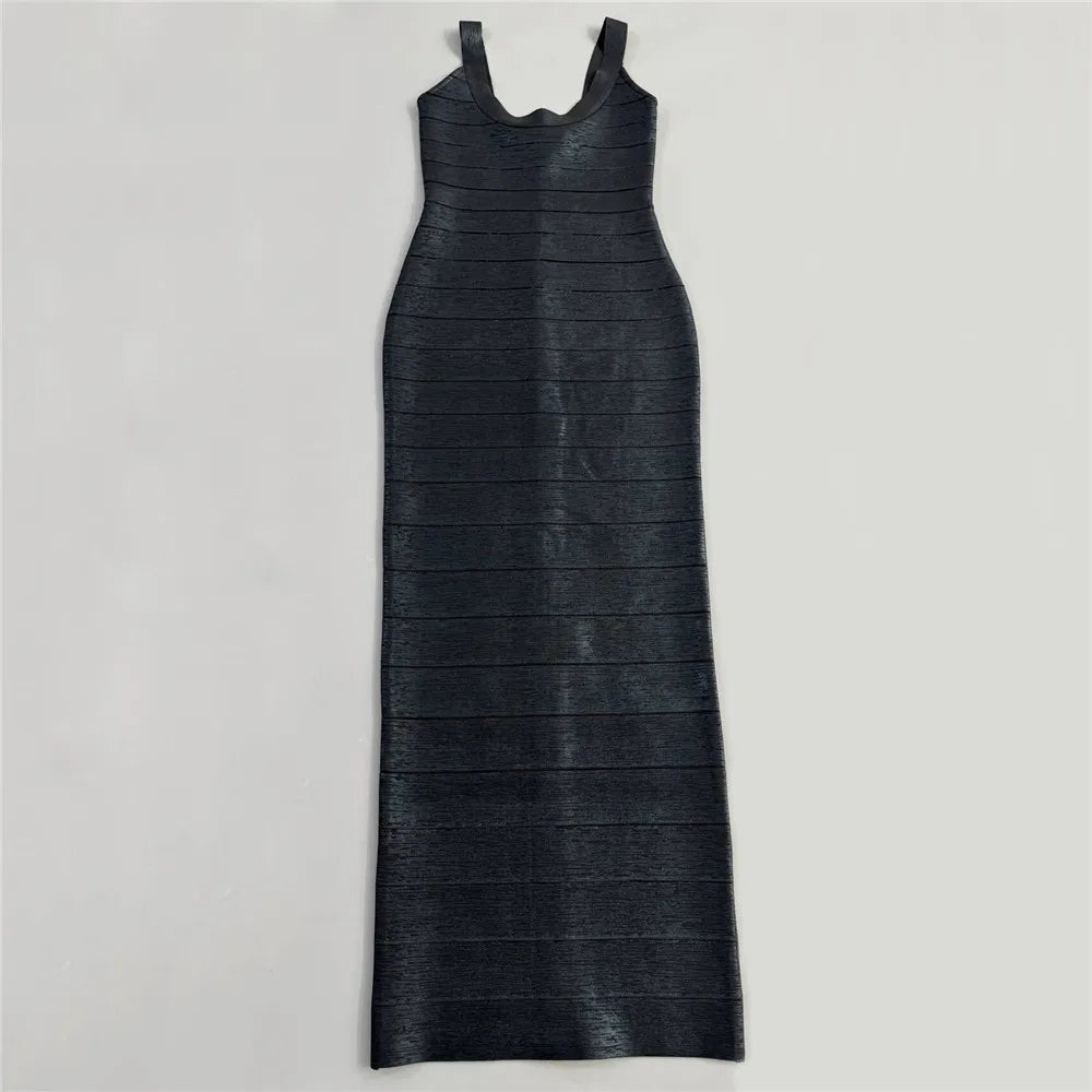 Fashionable Hot Stamping Women Spaghetti Strap Bandage Dress Celebrity Party Maxi Dresses