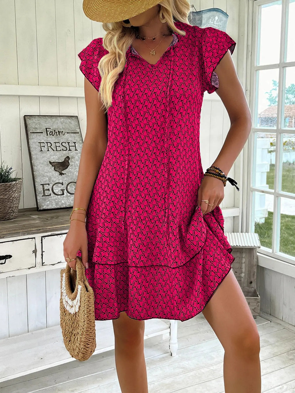 2025 Elegant Women's Casual Loose Ruffle Mini Dress Bohemian Printed V-neck Lace-up Small Flying Sleeve Dresses For Women S-3XL
