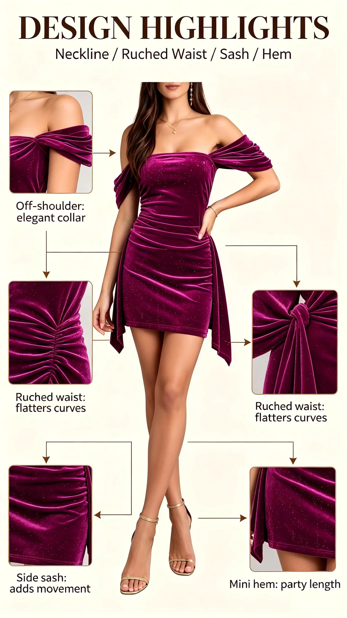 Purple Glitter Velvet Off Shoulder Mini Dress Ruched Sash Bodycon Short Party Dress Women Christmas Club Evening Gown