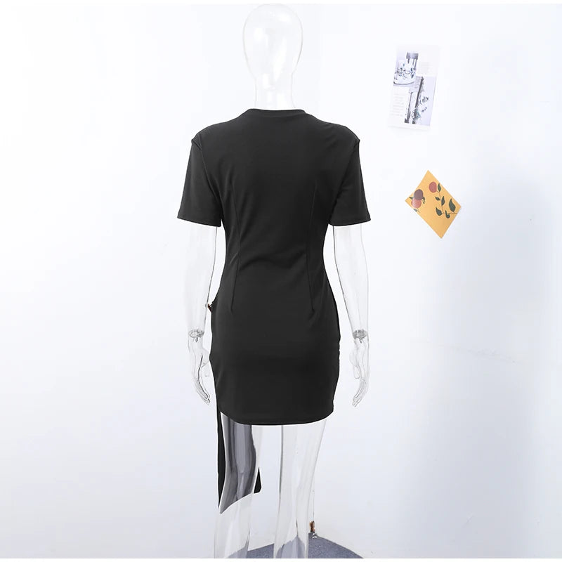 Elegant Mini Dress Woman Ribbons Slim O-neck Short Sleeve Above Knee Dresses Female Spring Summer Party Robe Lady High Street
