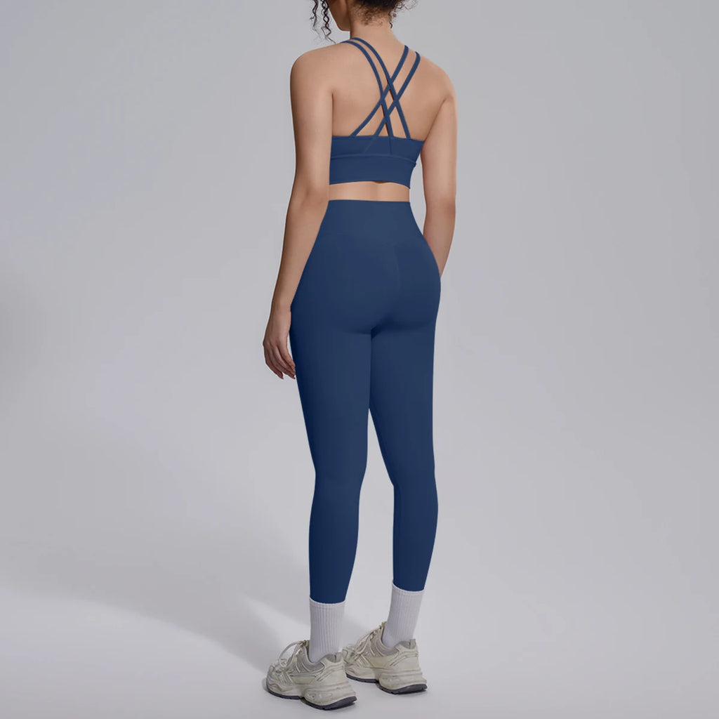 2PCS Yoga Set Summer Gym Sports Running Yoga Clothing Solid Color Cross Bra Workout Top High Waisted Quick Drying Fitness Pants