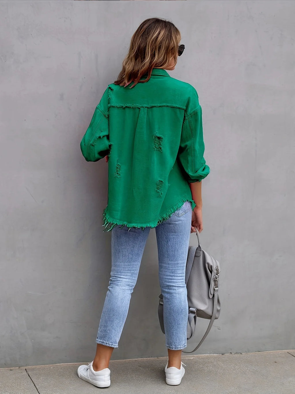 Women's Fashionable Solid Color Mid-Length Ripped Denim Jacket Long-Sleeved Spring Autumn Trend