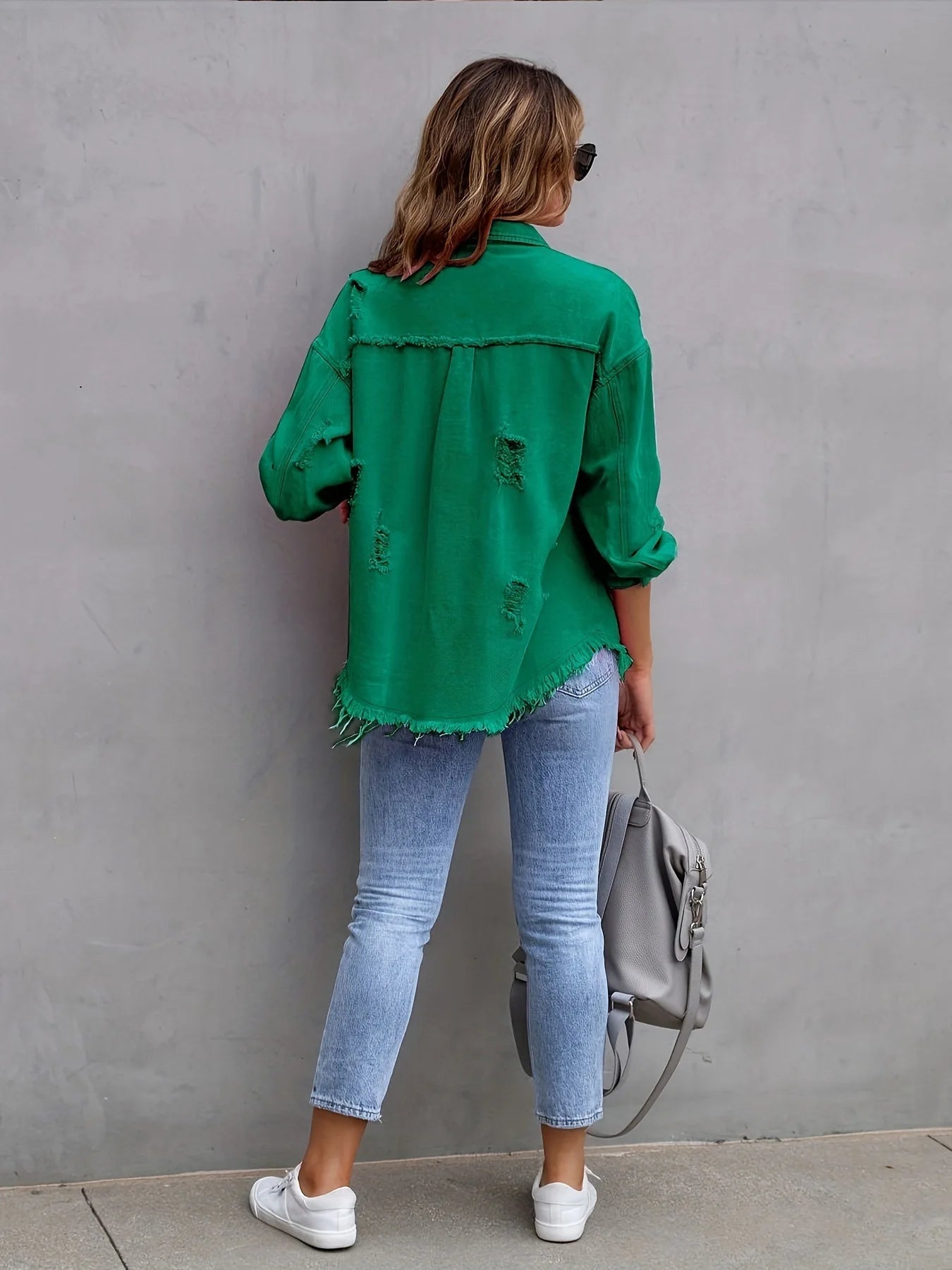 Women's Fashionable Solid Color Mid-Length Ripped Denim Jacket Long-Sleeved Spring Autumn Trend