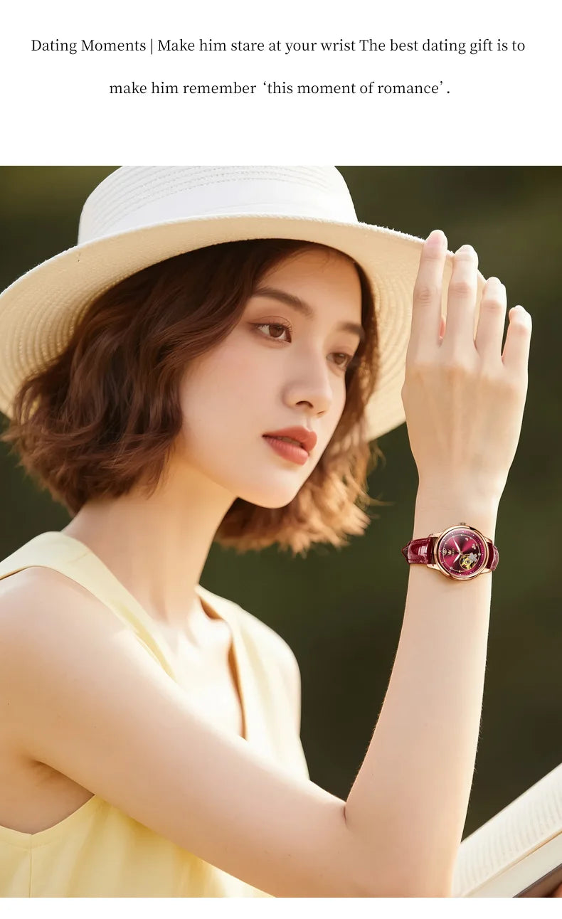 OLEVS 6732 Women's Watches Elegant Rose Gold Stainless Steel Hollowed Diamond Dial Automatic Mechancial Watch Gift Box for Women
