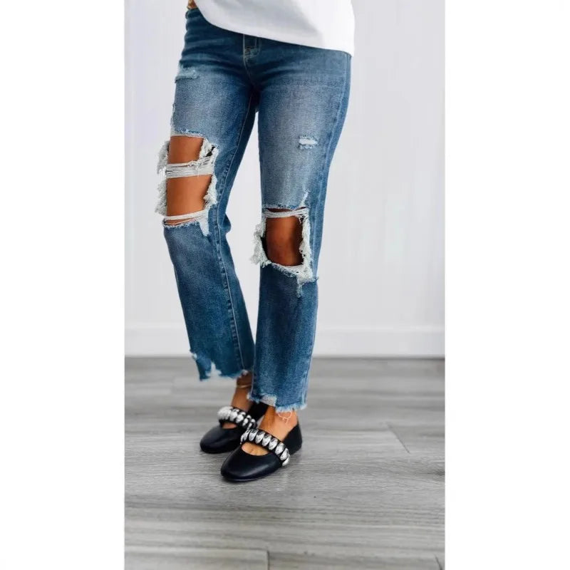 Women's Denim Pants with Mid Waist Washed and Polished White Distressed Pockets, Spring and Summer Temperament, Cropped Shorts