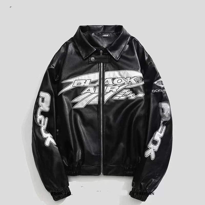 European American Motorcycle Leather Jacket Unisex Embroidered Baseball Jacket Retro Imitation Leather Jacket Coat Streetwear