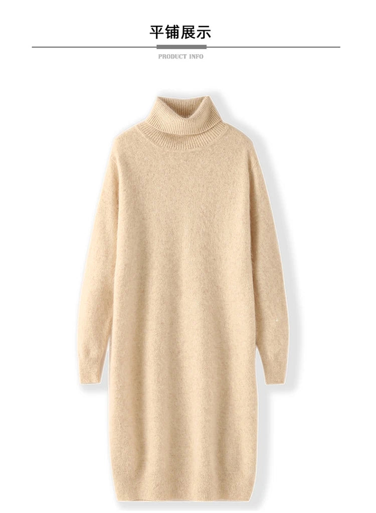 New Hot Selling 100% Mink Cashmere Knitted Women's High Neck Pullover Dress Sweater Slim Fit Solid Color Long Women's Dress