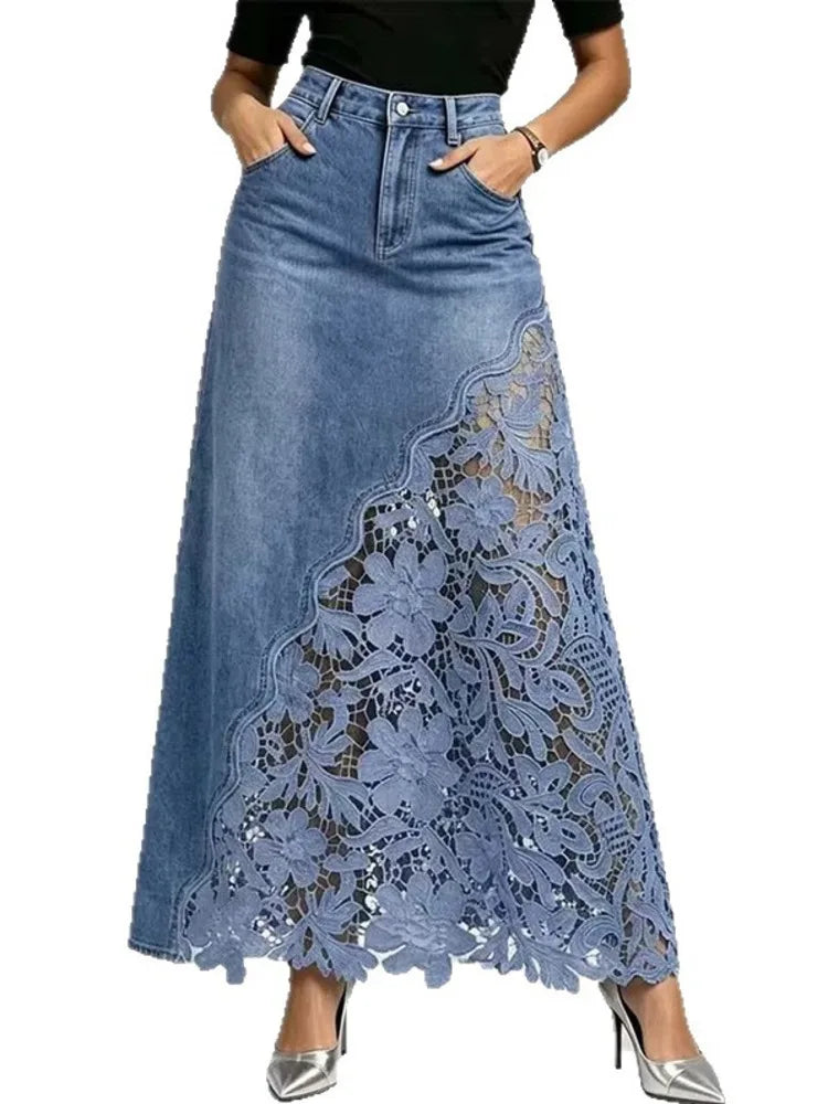 Women Denim Maxi Skirt High Waist Washed Lace Splicing Casual Streetwear Floral Hollow Pocket Summer 2026 New
