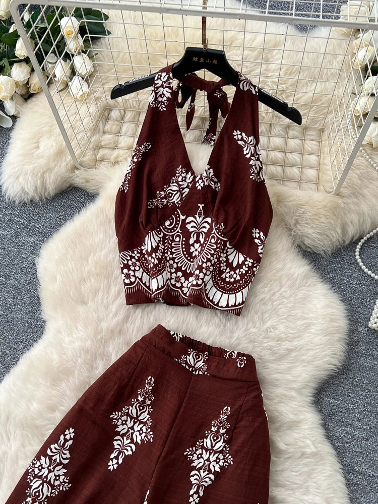Women's Summer Two Pieces Bohemian Vacation Printed Halter Neck Sleeveless Top High Waist Wide Leg Pants Two-piece Set TP044