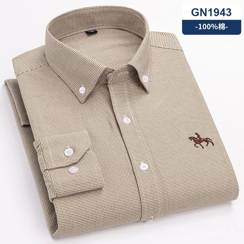 100% Pure Cotton Men's Long Sleeve Shirt Business Casual Solid Color Embroidered Oxford Spun Shirt