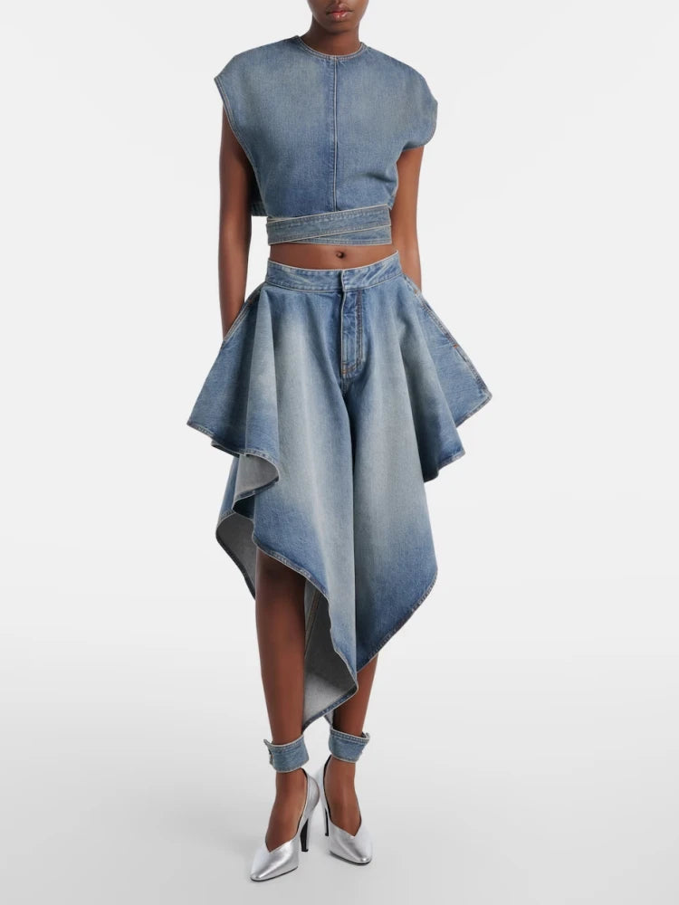 Women Jeans Two Piece Set Sexy Sleeveless Lace-up Top + Panelled Denim Jeans Suits Evening Cocktail Sets