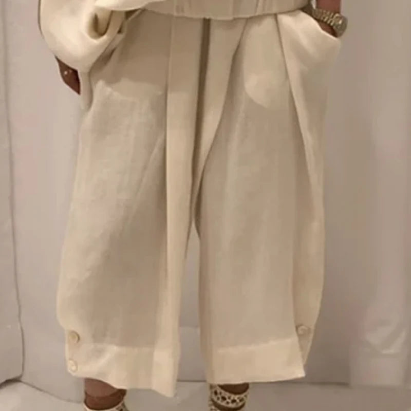 Women's Two Piece Set Wide Leg Buttoned Casual Pants Bottoms Trousers Hollow Solid Color Irregularity Loose Cold shoulder Blouse