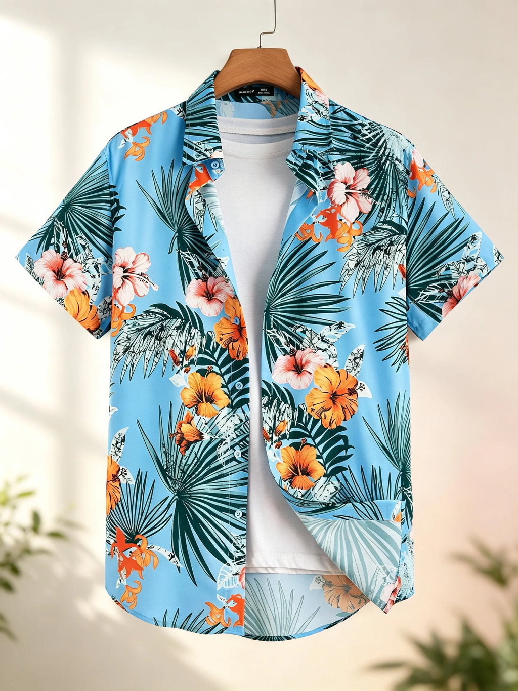Men's Hawaiian Botanical Flower Print Men's and Women's Short-Sleeve Shirts Men's Lapel Seaside Button-Down Casual Men's Shirts