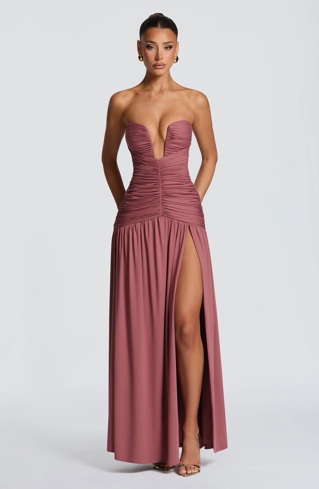 Strapless Deep V Ruched Maxi Dress High Split Formal Evening Gown Women Wedding Guest Party Long Dresses