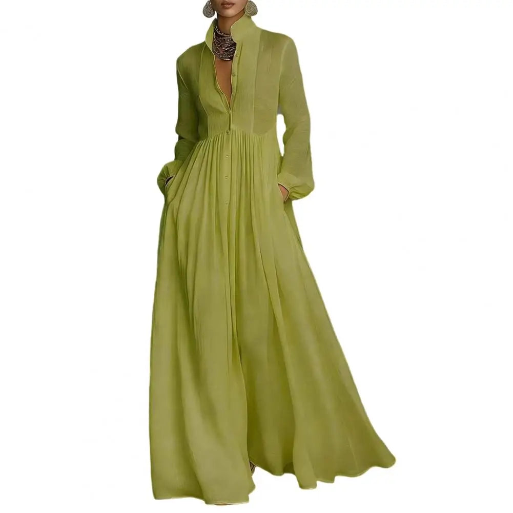 French Elegant High Waist Swing Long Dress Woman Spring Solid Pockets Pleated Maxi Dress Autumn Long Sleeve Button Evening Dress