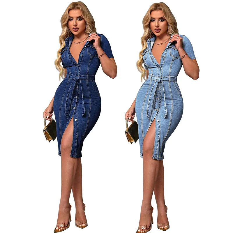 Denim Lapel Short Sleeve Dress Women Waist Slim Casual Dress