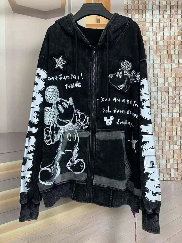 European and American new fashion heavy industry embroidery cartoon print loose hooded sweatshirt T-shirt for both men and women