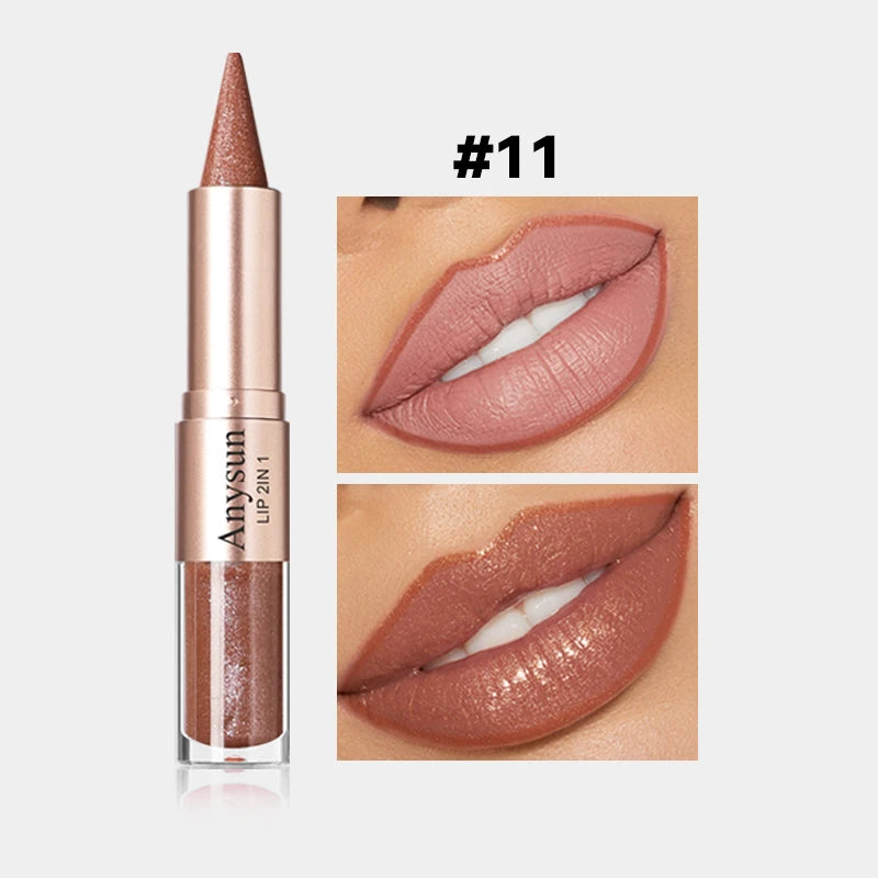 Double Head 2-in-1 Lip liner+Lip Gloss Waterproof and Durable Fine Shiny Mirror Gloss
