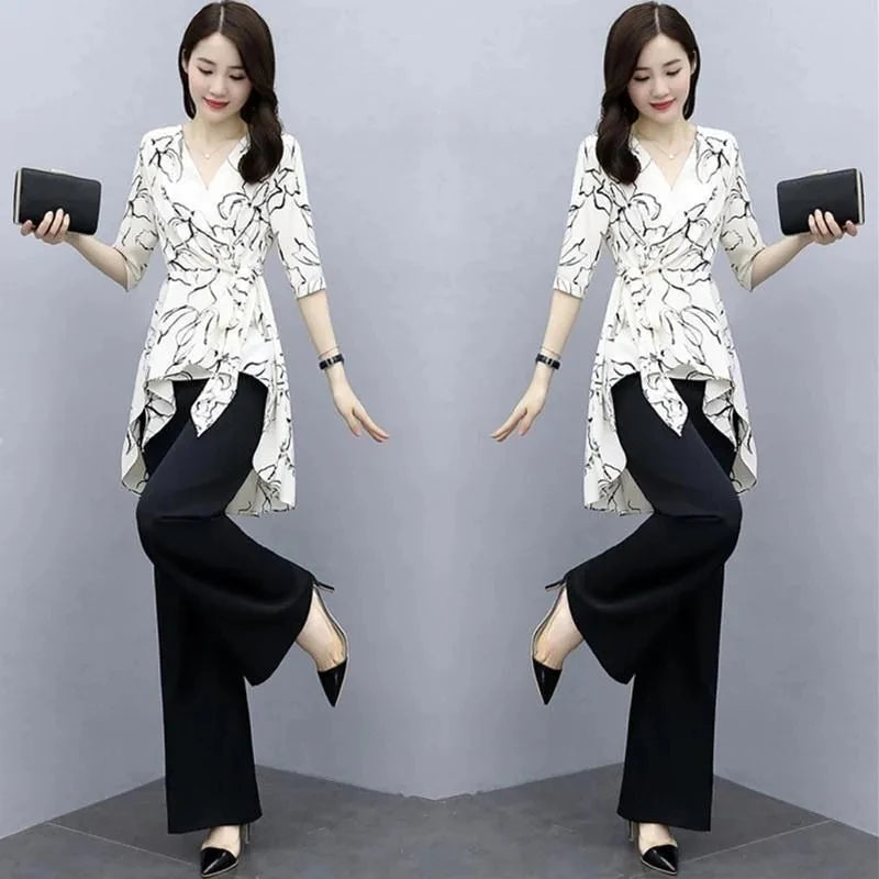 2 Piece Set Women Casual Fashion Printing Pants Suit Short Sleeve Tops +Wide Leg Pants 2 Piece Outfits Women White Set Summer4XL
