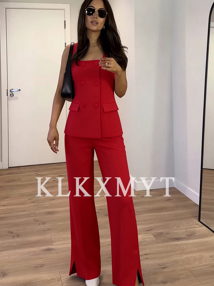 Women 2 Pieces Sets New Fashion Office Vest Top+Split Straight Leg Pants Women's Suit Formal Two Piece Set Women Outfit