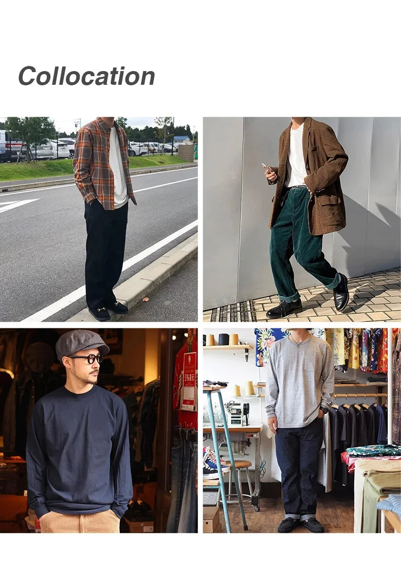 Maden 100% Cotton Loose Crew Neck Long Sleeve T-shirts Men's  230g Thin Breathable Tee Shirt Basic Solid Color Oversized Tops