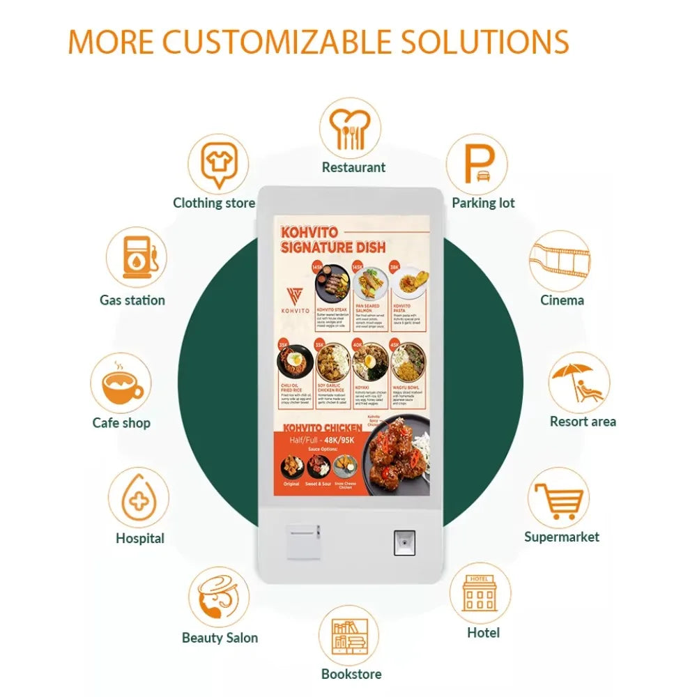 32-Inch interactive digital signage kiosk for self-service ordering and payment systems in restaurants and cafeterias