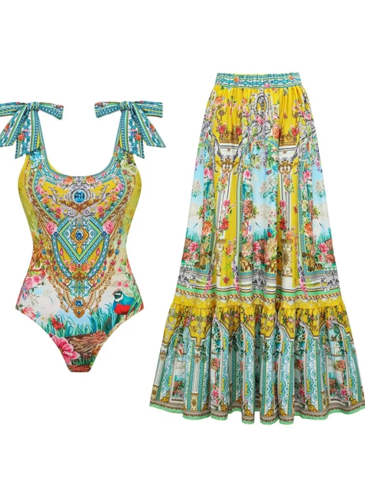 Retro Bikini Printed Fashion Two Piece Swimsuit And Cover Up With Skirt Tight Women's Bandage Summer Beach Luxury Elegant