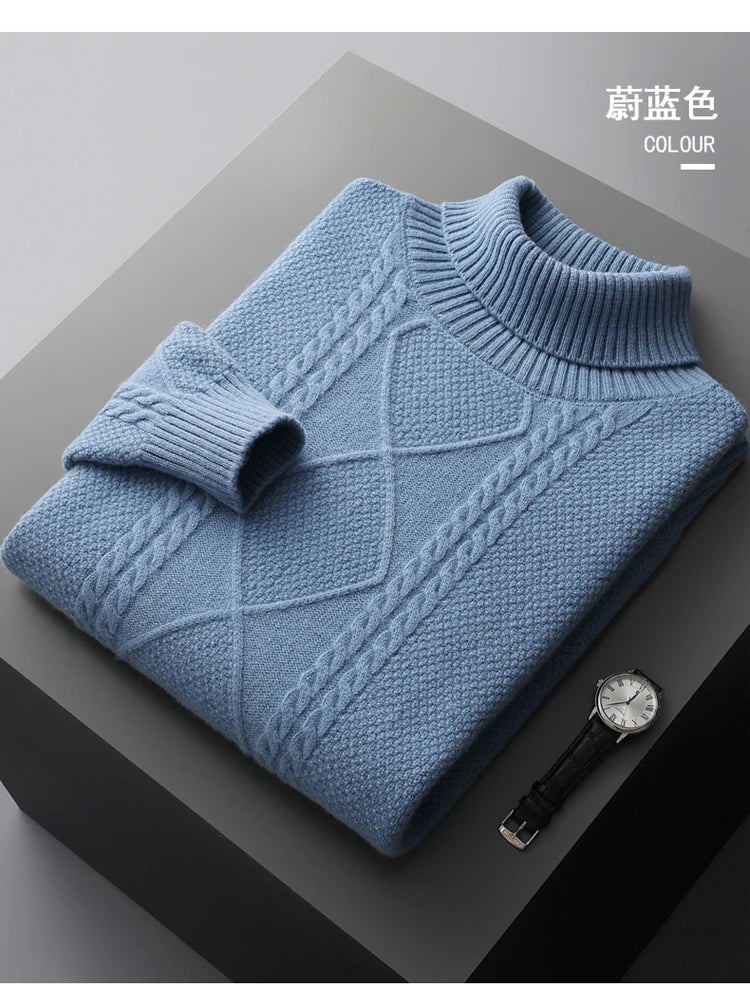 2025 Winter Turtleneck 100% Merino Wool Knitted Sweater Men's Lapel Jacquard Thicken Pullovers Fashion Loose High-End Base Shirt