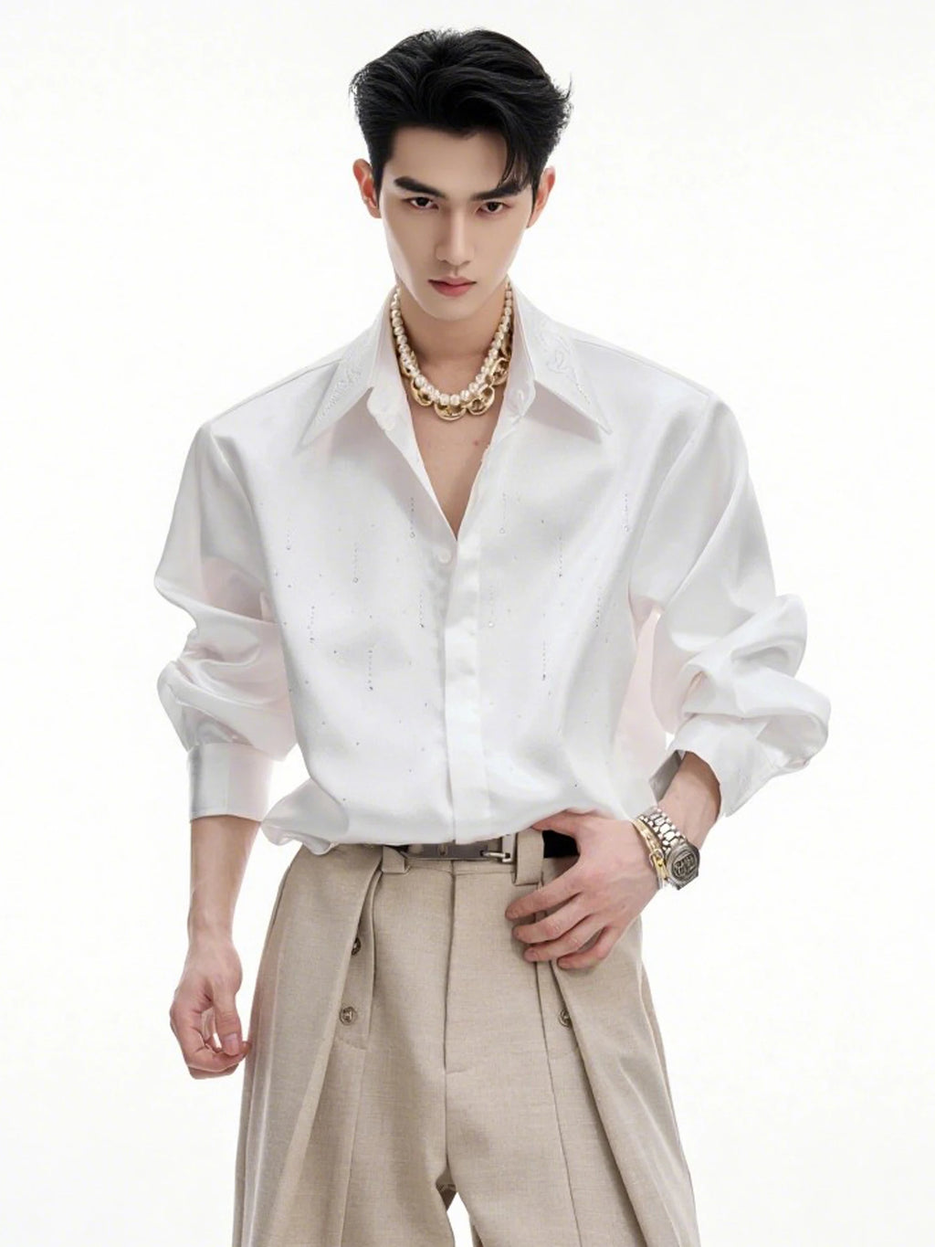 Men's Satin Rhinestone Shiny Long Sleeve Shirts 2025 Spring Autumn New High-end Loose Comfort Shirts Trendy Diamond Chic Jackets