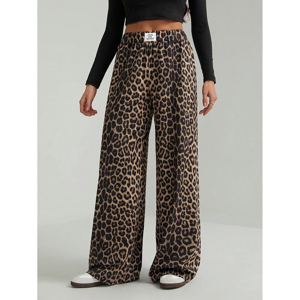 Casual Leopard Print Wide Leg Loose Fit Long Pants Versatile Spring Autumn New Style Women's Fashion plus Size Straight Leg T...