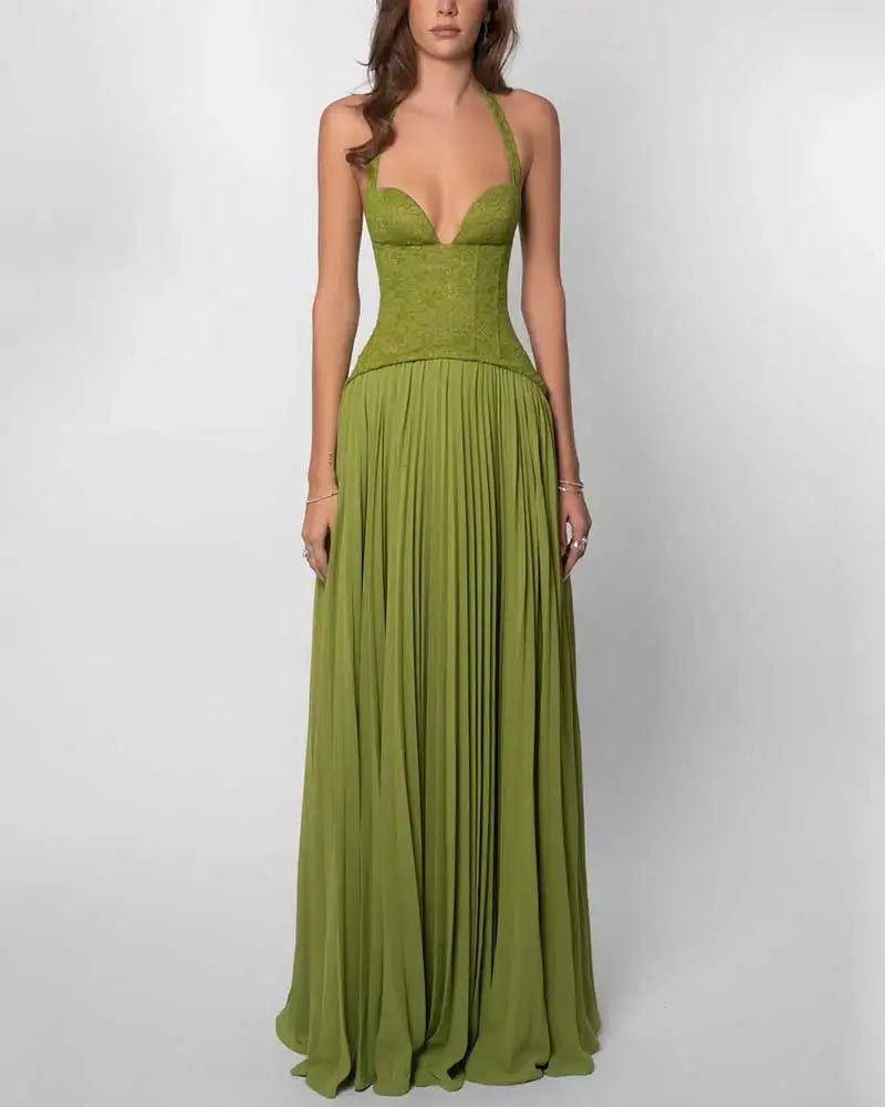 GACVGA Elegant Corset Halter Pleated Maxi Dress Women Back Lace-up Patchwork Slim Lady Gown Club Party Evening Long Dress