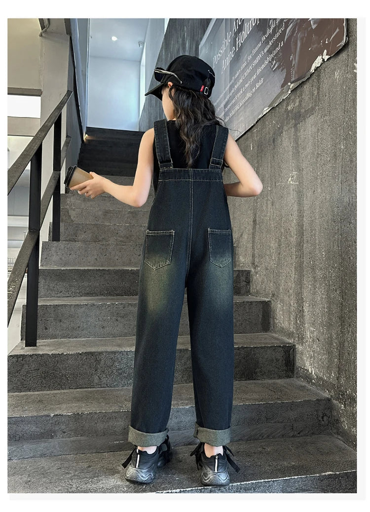Elegant Children Jeans Jumpsuit with Broken Holes For Girls Fashion Overalls Streetwear Kids Denim Suspenders Pants With Strap