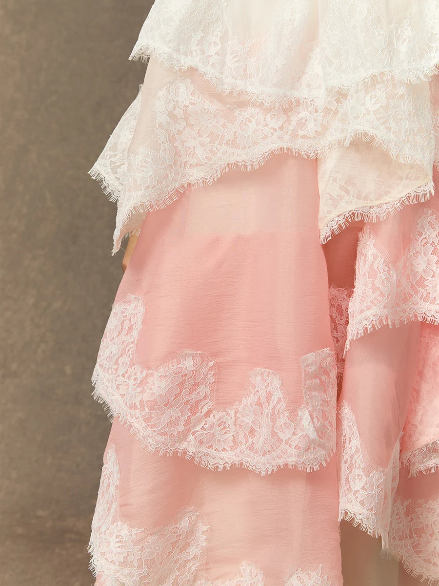 TWOTWINSTYLE Colorblock Loose Spliced Ruffles Dress for Women Square Neck Sleeveless Patchwork Lace Dresses Female Elegant New