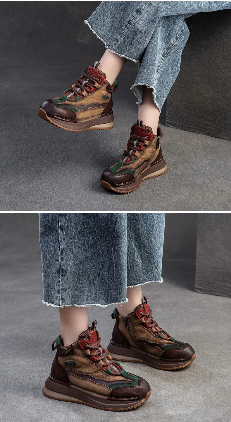 DRKANOL 2026 Women Boots Autumn Winter Mixed Colors Genuine Cow Leather Warm Ankle Boots Ladies High Top Casual Sneakers Shoes