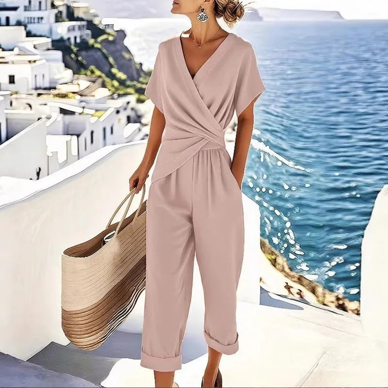 Summer Fashion Solid Women's Two Pieces Set Elegant V Neck Slim Office Suit Casual Pleated Irregular Top And Pants Female Outfit