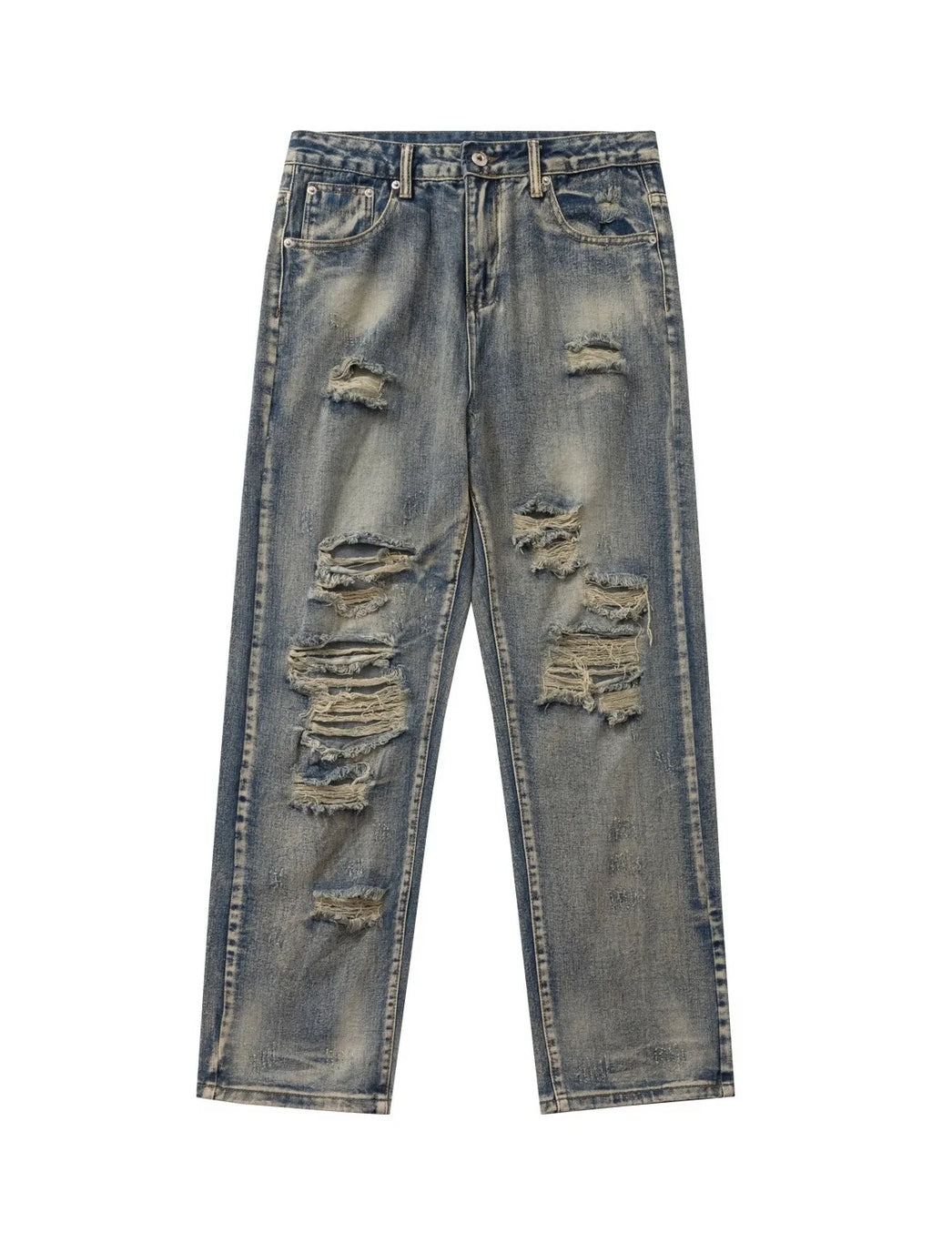 Men's Vintage Washed Distressed Ripped Tapered Jeans Slim Fit Straight Leg Destroyed Denim Pants Streetwear Y2k Jean Trousers