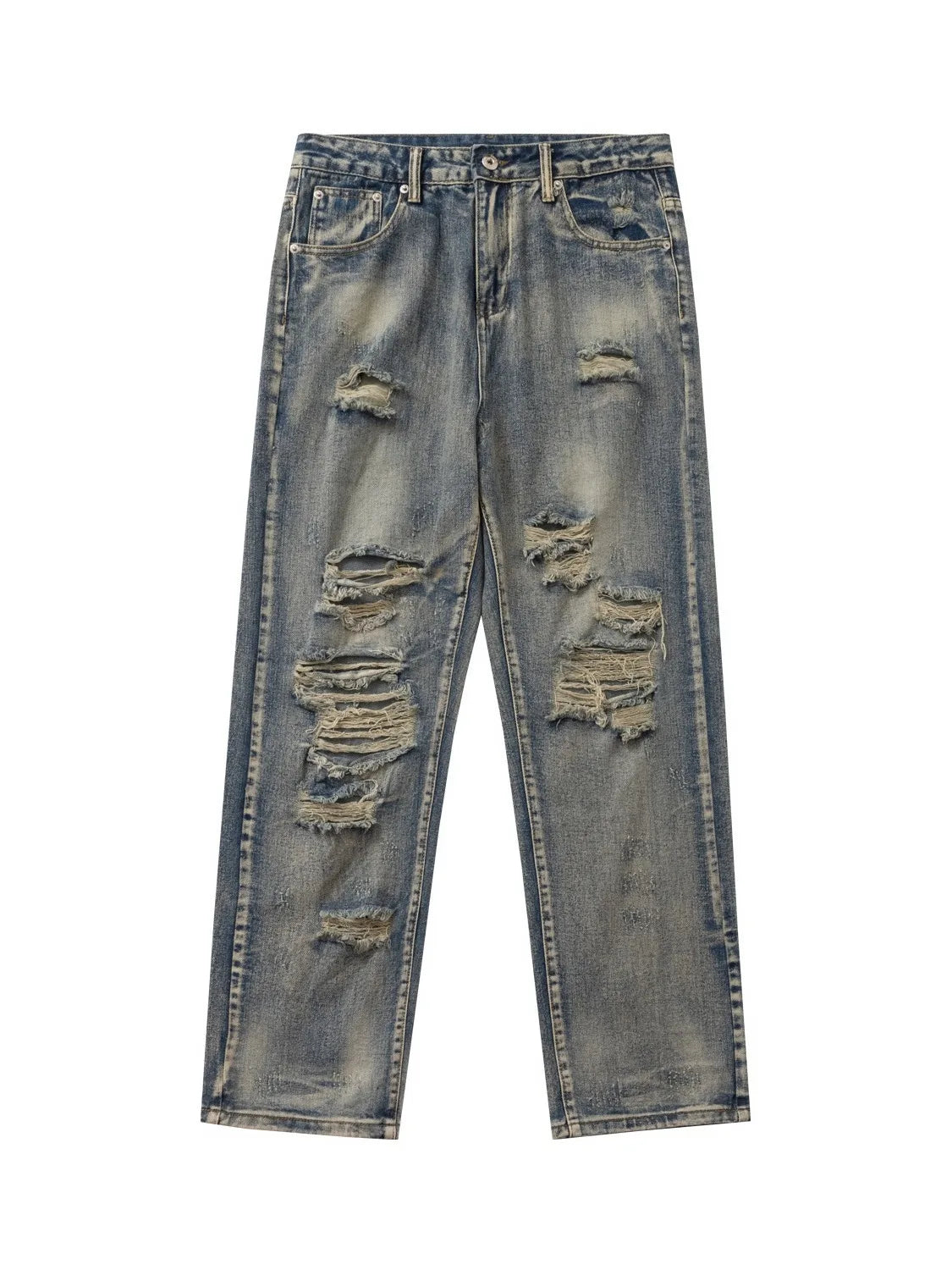 Men's Vintage Washed Distressed Ripped Tapered Jeans Slim Fit Straight Leg Destroyed Denim Pants Streetwear Y2k Jean Trousers