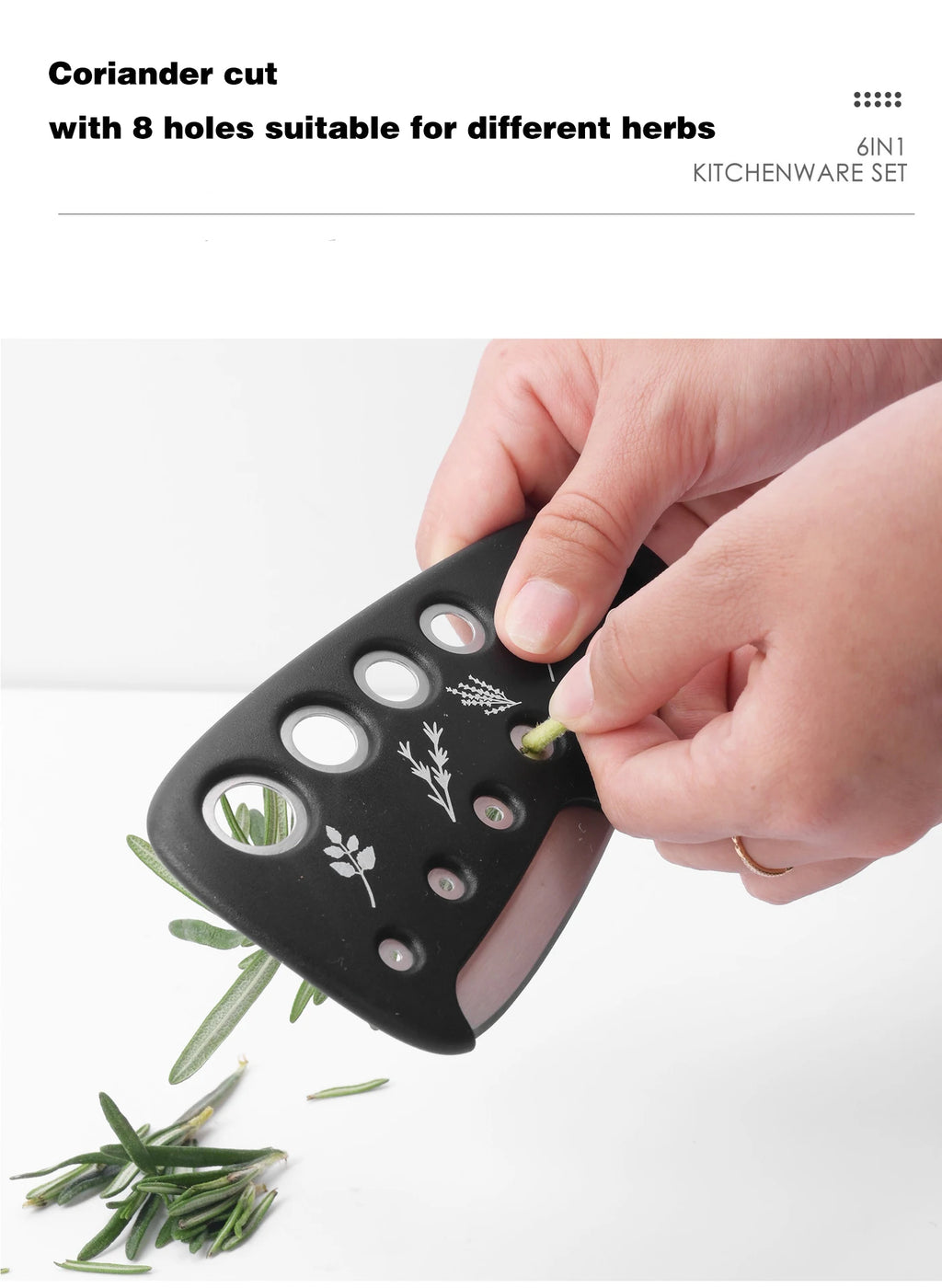 Stackable Kitchen Gadgets 6-Piece Melon Grinder Herb Cutter Garlic Grinder Can Opener Cheese Grater Pizza Cutter
