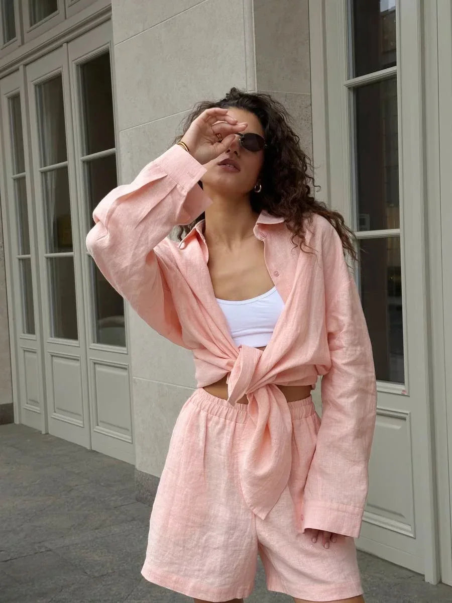 Women 2 Piece Shorts Set Casual Solid Loose Holiday Tracksuit Long Sleeve Cardigan And High Waist Female Shorts Sets 2025 Summer