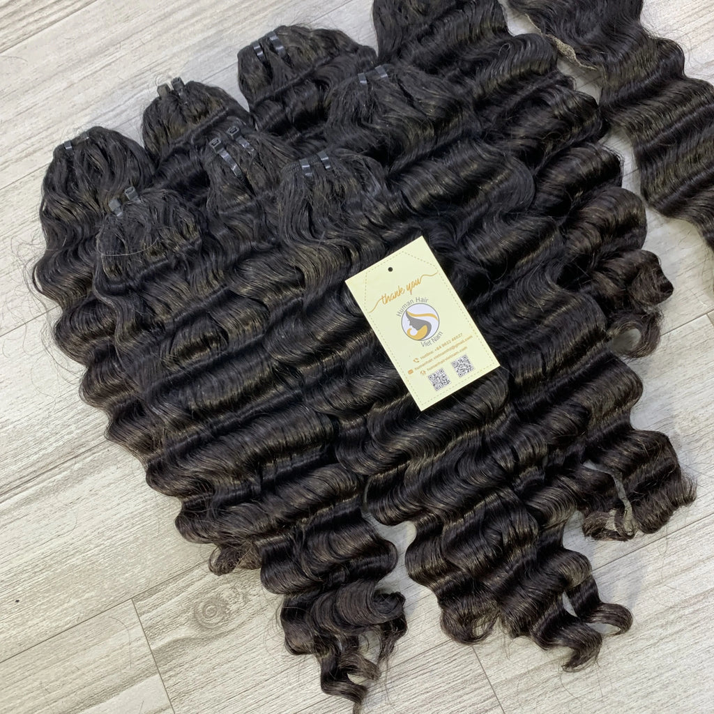 Wholesale Deep Wave Double Drawn Machine Weft Natural Black Raw Vietnamese Human Hair Bundles Soft Curl Weft Extensions