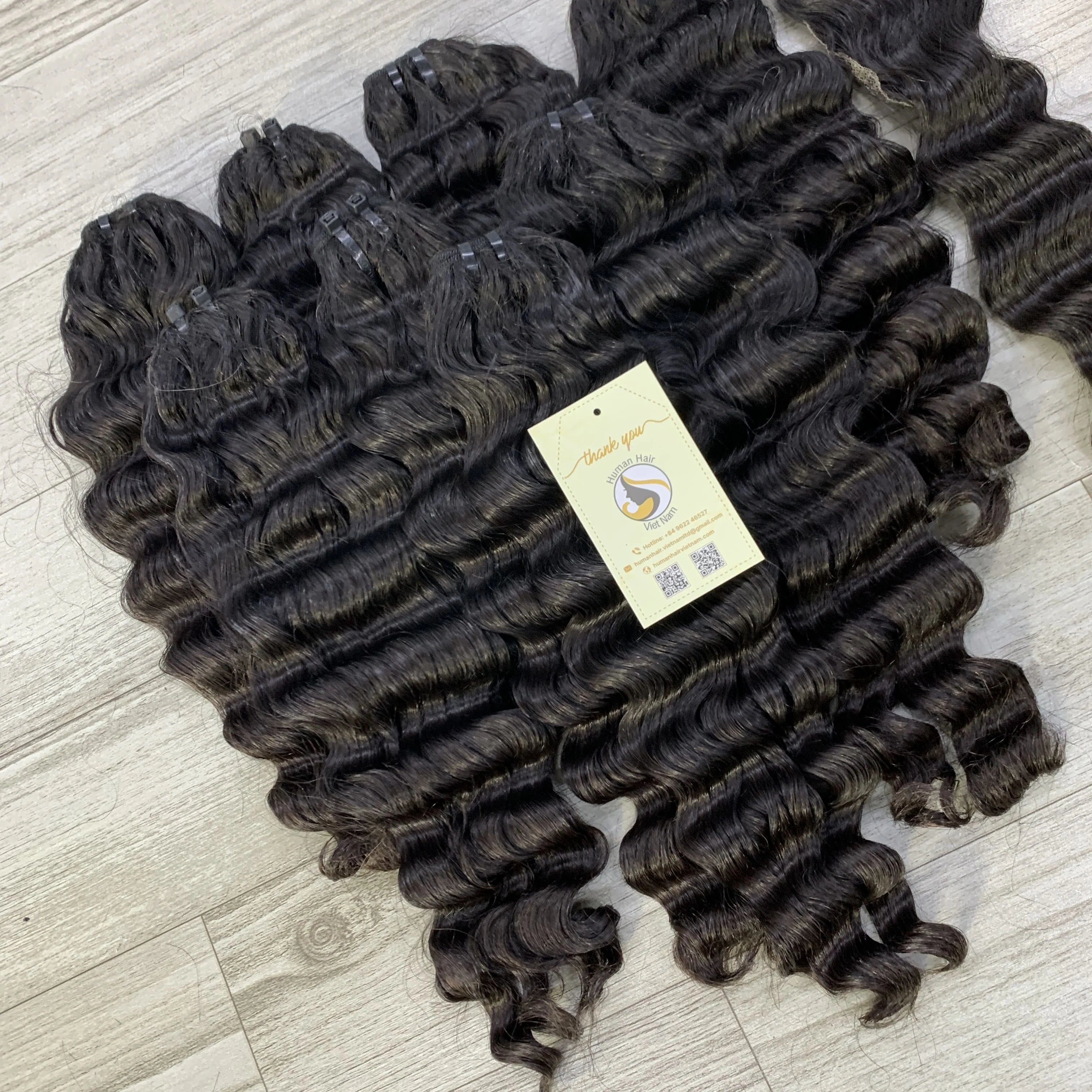 Wholesale Deep Wave Double Drawn Machine Weft Natural Black Raw Vietnamese Human Hair Bundles Soft Curl Weft Extensions