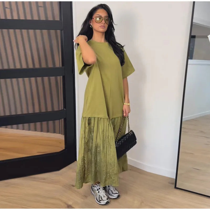 Solid Color Loose Fit Flare Sleeve Tiered Dress Crew Neck Ruffle Hem Pleated Long Maxi Dresses 2026 Spring Chic Casual Outwear