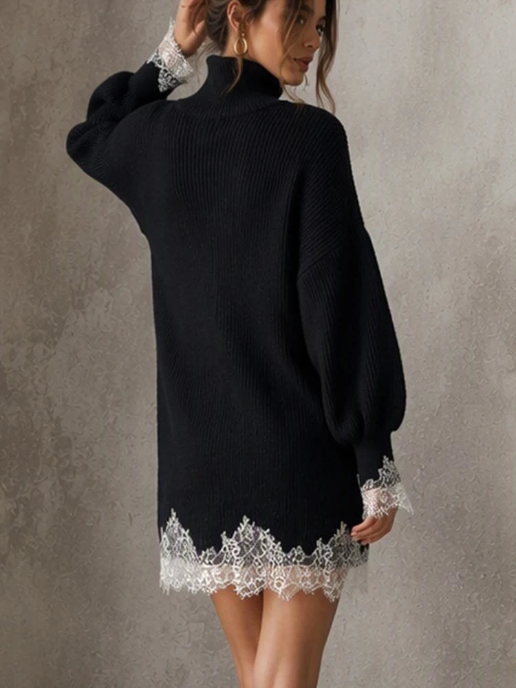 Women's Black Knitted Turtleneck Sweater Dress Lace Splice Mini Dress Fashion Spring Autumn Vintage Casual Retro Loose Dress
