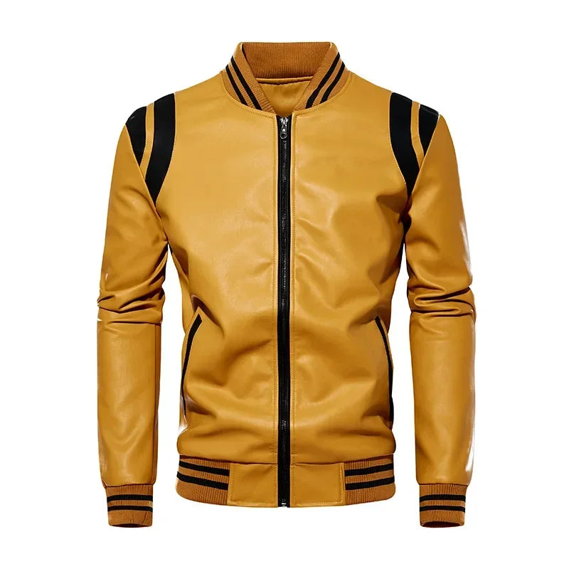 Motorcycle Men Leather Jacket Patchwork Biker Coat Motorcycle Jackets Mens Winter Casual Fleece Warm Coats Stripe Loose Outwear