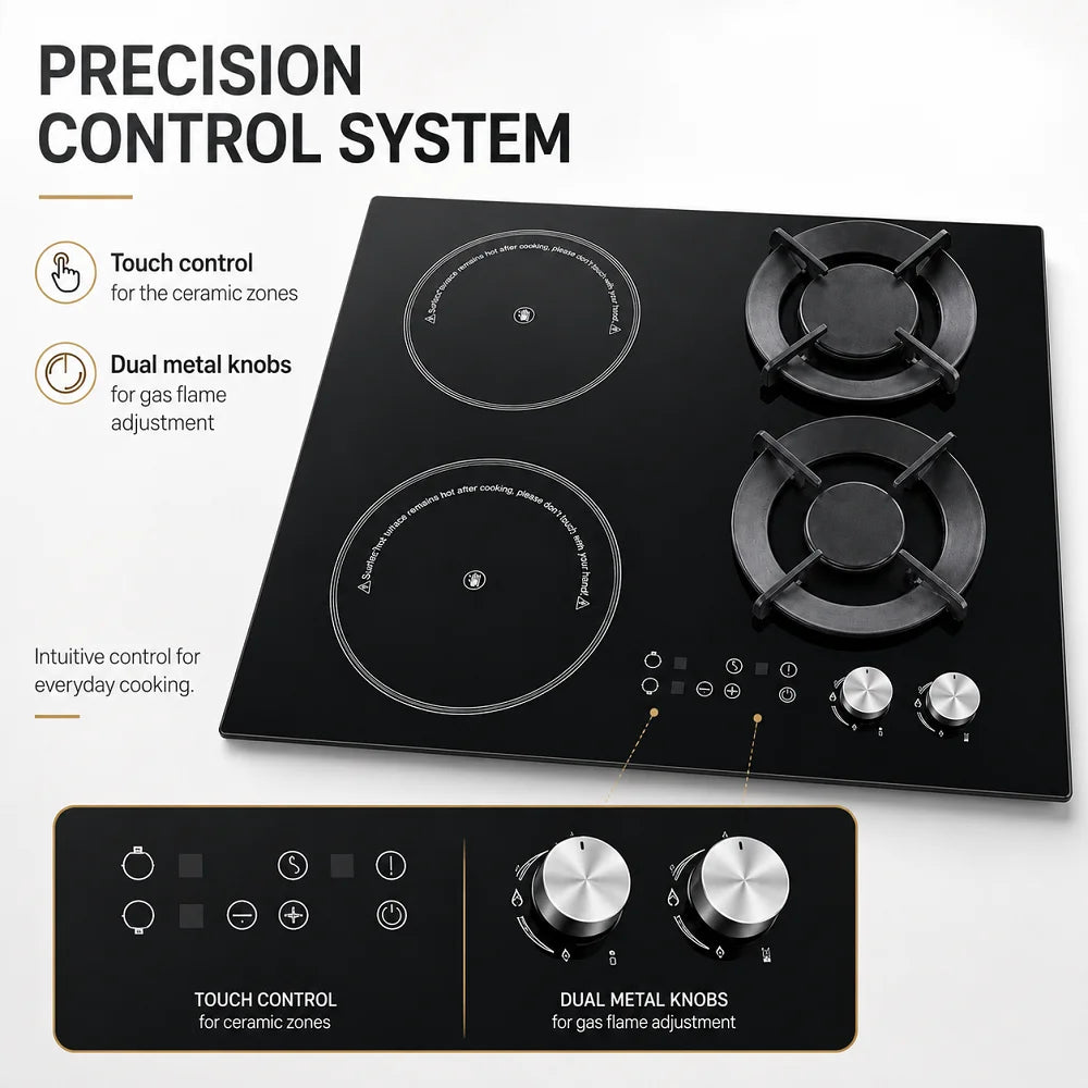 Hybrid Built-in Gas & Electric Cooktop, 2 Gas Burners + 2 Ceramic Glass Zones, Wholesale Cooker