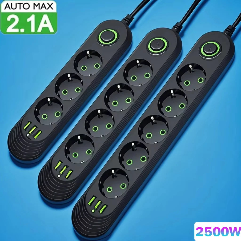 EU Plug AC Outlet 2500W Multiports Power Strip AC Outlet with 3USB Port 2m Extension Cable Round Pin Electrical Charger Adapter