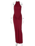 Mozision Halter Ruched Sleeveless Sexy Maxi Dress Women Gown Fashion Slim High Waist Evening Club Party Split Long Dress